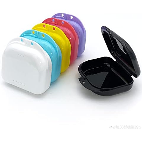 Retainer Case with Vent Holes, 6 Pcs Denture Case, Tight Snap Lock Orthodontic Mouth Guard Case， Black, White, Yellow, Light Purple, Pink and Blue, Easy to Use Cover