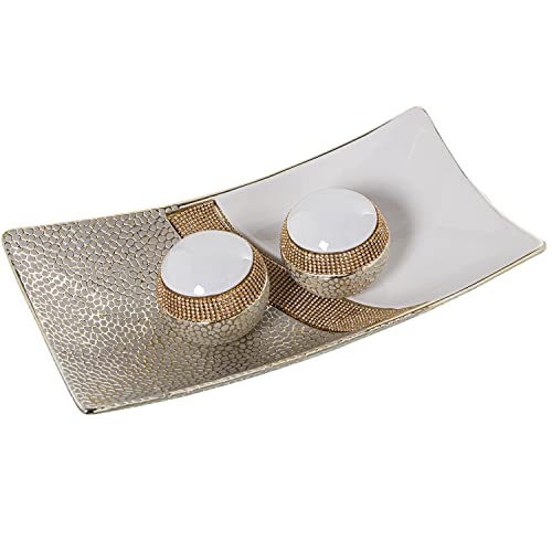 CENTRO RECT. CERÁMICA BLCO/PLATA C/BRILLOS ORO 40X20X9CM