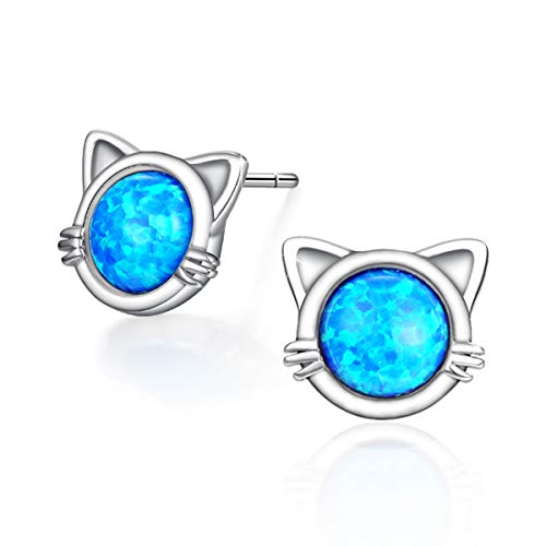 Opal Stud Earrings, Cat Stud Earrings 925 Sterling Silver Cute Earrings Gift for Cat Lovers
