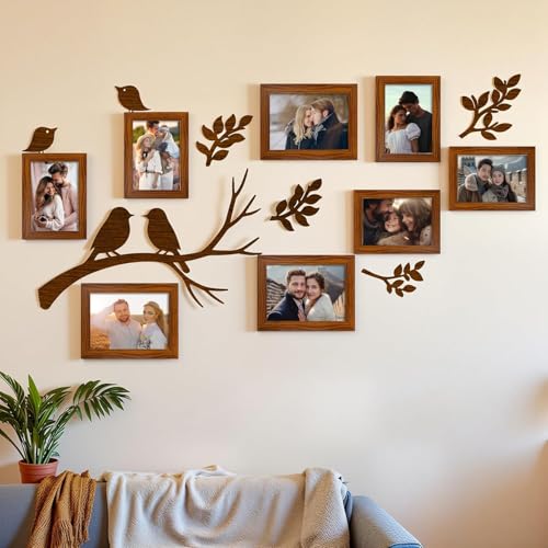 Image of Art Street Photo Frame Set Pack of 8 Piece with Decorative MDF Leaves & Birds Cutouts 4x6 inch & 5x7 inch Brown Photo Frames Wall Decor for Living Room, Family Photos Frame Set 13x18 cm & 10x15 cm