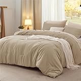 Bedsure Full Comforter Set, Khaki Soft Prewashed Bedding for All Seasons, 3 Pieces GentleSoft™ Bed Set, 1 Lightweight Comforter (82'x86') and 2 Pillowcases (20'x26')