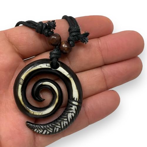 Adjustable Mariners Cord Necklace - Yak Bone Carved Maori Fish Hook & Spiral Koru Pendant - Symbol of Peace and Tranquility2