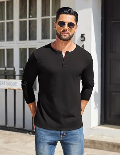 COOFANDY Mens Henley Shirts Cotton Long Sleeve V Neck Button Basic Tees Plain Casual Pullover3