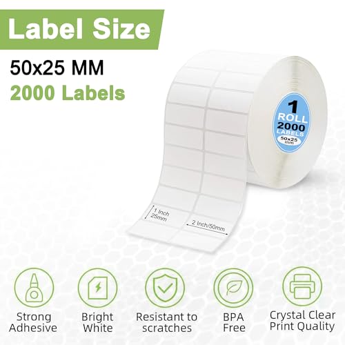 Image of GLUN Direct Thermal Barcode Label 4000 Stickers in 2 Roll, Size 50x25 mm, Direct Thermal White Self Adhesive Sticker for Labelling & Barcoding
