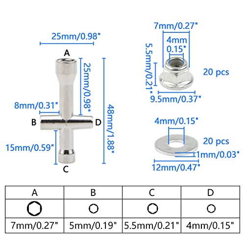 Rchobbytop 20 Pairs M4 Lock Nuts Serrated Flange Nylon Insert And M4 Flat Washers Cross Socket Wrench For 1/10 Traxxas Axial Hpi Redcat Hsp Model Rc Vehicles Wheel, Silver #TOP2