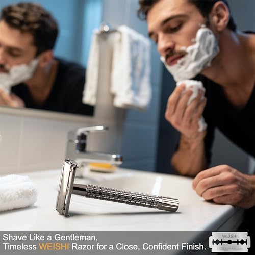 WEISHI Butterfly Open Double Edge Safety Razor for Men, Nostalgic Long Handle with 5 Stainless Razor Blades, Reusable Wet Shave Tool for Smooth, Close Shave