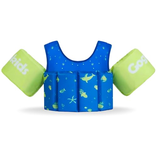 Gogokids Kinderzwemvest met niet-opblaasbare armbanden, draagbaar verstelbaar drijfvermogen, zwemjassen, zachte en elastische stof, zwembaddrijvers - geschikt voor kinderen van 2-6 (15-30 kg), jongens