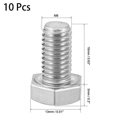 Image of 10 Pcs M8 Hex Bolt M8-1.25 x 16mm UNC Hex Head Screw Bolts A2-70(304) Stainless Steel Fully Threaded Hex Tap Bolts,Plain Finish,Fully Threaded (M8 x 16mm)