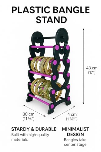 Image of Plastic Bangle Organizer Stand - Black with Pink | 24L x 20B x 43H cm | 5-Step 10-Section Display Rack | Bangle Storage Box for Women | Jewellery Display Stand & Chudi Holder