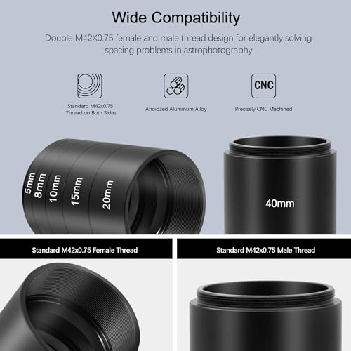 Astromania M42 Extension Tube Kit Telescope with T Thread 5 8 10 15 20 40mm | T2 Extension Tube Metal Construction, Telescope Photo Adapter Astrophotography Accessories, Fit M42 T2 T Ring DSLR/SLR Camera miniatura 4