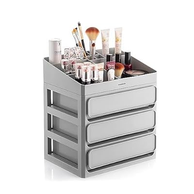 InnovaGoods® Organizador de Maquillaje con 3 Cajones  9 compartimentos  Bandeja Extraíble  Almacenamiento en baño o dormitorio  para pintalabios  paletas  cremas  Set Expositor Maquillaje. Gris