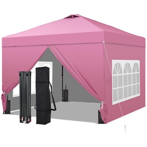 GDY 10x10FT Pop-Up Canopy Tent with 4-Side Walls & Vented Top Portable Outdoor Event Tent for Garden Poolside Parks Parties Camping Pink.