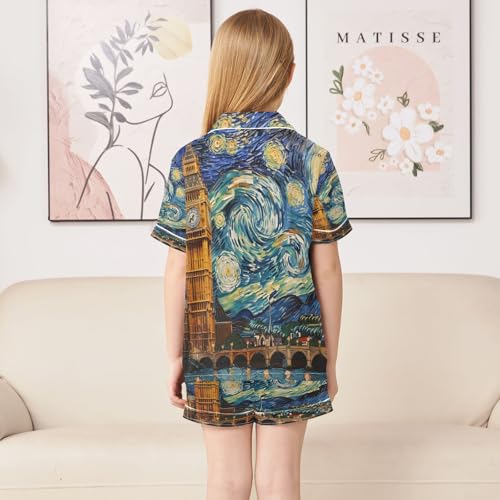 ALAZA Van Gogh Starry Sky Big Ben Satin Pajamas Set Short Sleeve Button Down Sleepwear Summer Pjs 2 Piece4