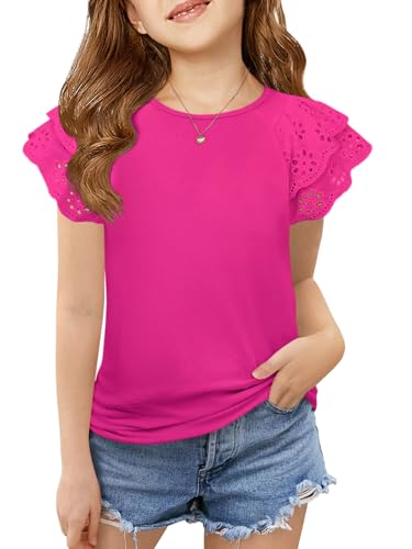 Image of Haloumoning Girls Ruffle Sleeve T Shirts Summer Short Sleeve Casual Cute Crewneck Tops Tees 5-14 Years