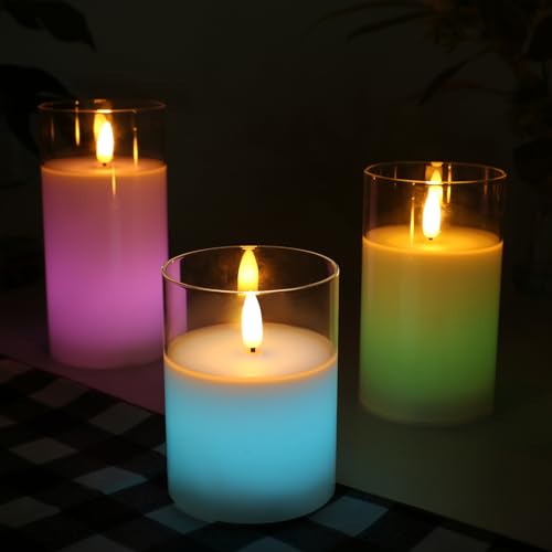 Image of Color Changing Flameless Candles Remote Timer Party Decor Set of 3 | Multicolor Light, White Glass, Real Wax, Steady LED Flame, 18 Key Remote, Timer, 3 Sizes, Set Of 3