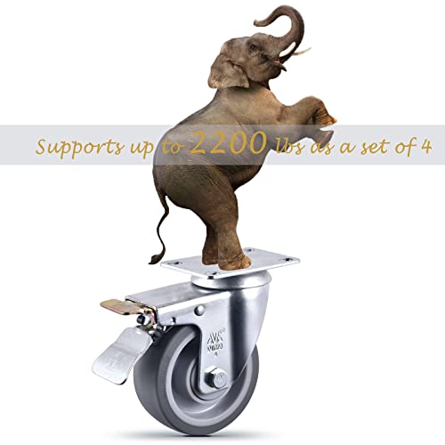 4 Inch Castets Set Of 4 Heavy Duty Caster Wheels With Brake 2200Lbs Swivel Rigid Tpr Rubber Wheel Silent Castor Locking Industrial Plate Casters Wheels For Cart Furniture Workbench, 2 Fixed & 2 Brake #TOP3