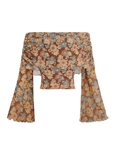 Verdusa Women's 70s Off Shoulder Flare Sleeve Ruched Tee Top Floral Print Lettuce Trim Crop Tee Shirt