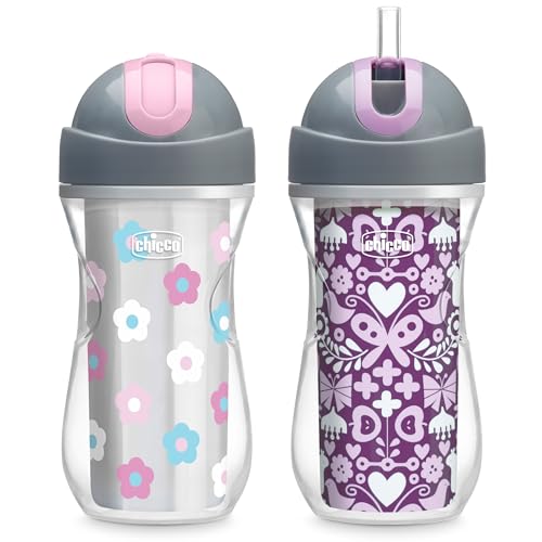 Chicco Flip-Top Straw Cup 9oz | Insulated Toddler Sippy Cup with Soft Silicone Straw | No-Spill | Easy-Clean | BPA-Free | 2pk | For Ages 12+ Months | Floral/Purple Print