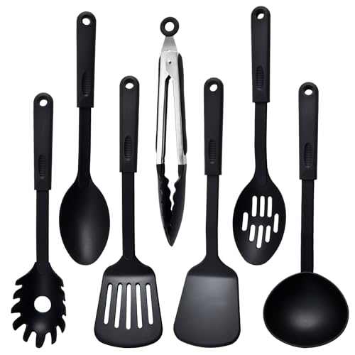 Anseom 7 Pièces Ustensiles de Cuisine, Nylon Ensemble d'Ustensiles de Cuisine Résistant à la Chaleur Ustensiles Cuisine Antiadhésive Set, Outils de Cuisine Accessoire Cuisine Set, Noir