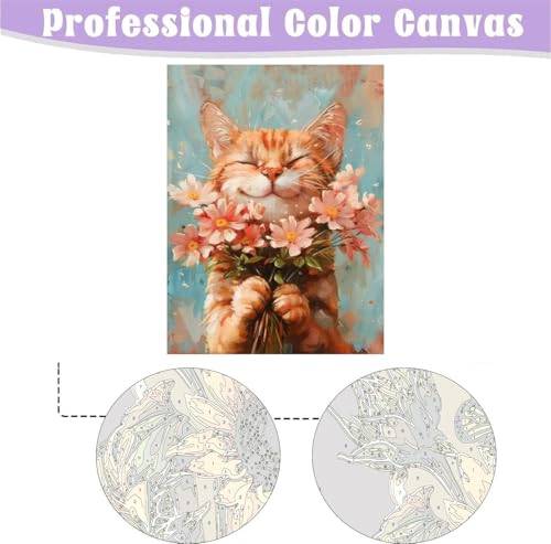 Image of Cat Paint by Numbers Kit for Adults with Framed Canvas&Wooden Easel, DIY Acrylic Paint by Numbers Kits on Canvas, Cat with Flower Drawing Paintwork Arts and Crafts for Home Wall Decor 12x16inch