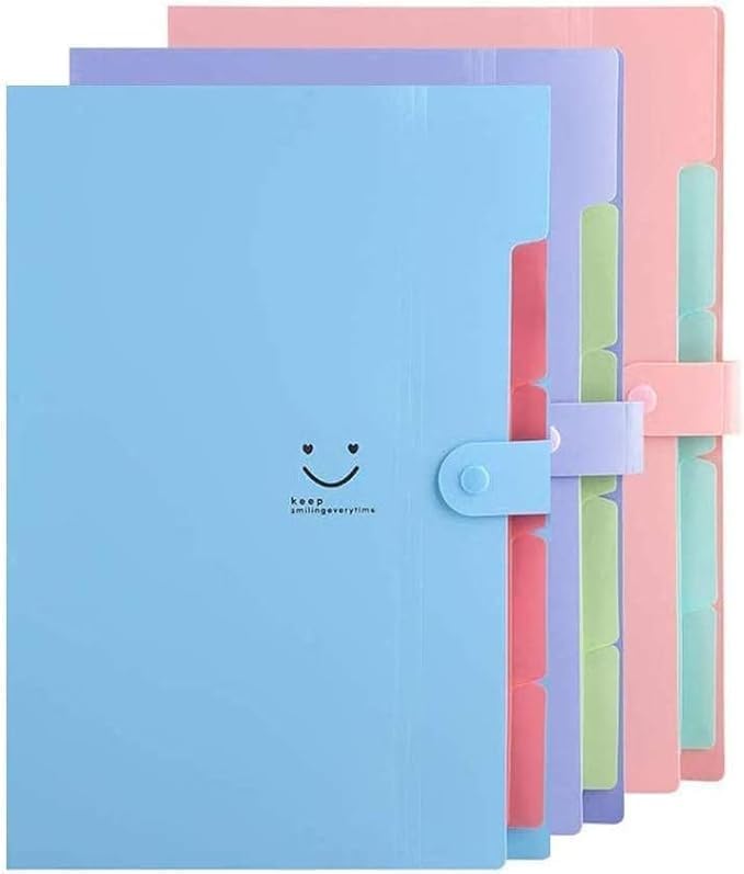 3本セット カラー ドキュメントファイル 書類収納ボックス 5ポケット ケース A4 スナップ式 防水 ポケットバッグ クリアファイル 整理 分類 文房具 学校 可愛い笑顔柄 (ブルー+ 紫+ピンク)