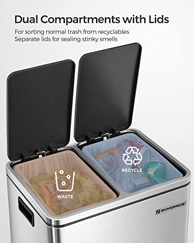 Songmics Dual Trash Can, 2 X 4 Gal (2 X 15L) Garbage Can, Steel Pedal Recycle Bin With Lid And Inner Buckets, For Small Kitchens, Fingerprint-Proof, Soft Closure, Airtight, Silver Ultb30H #TOP2