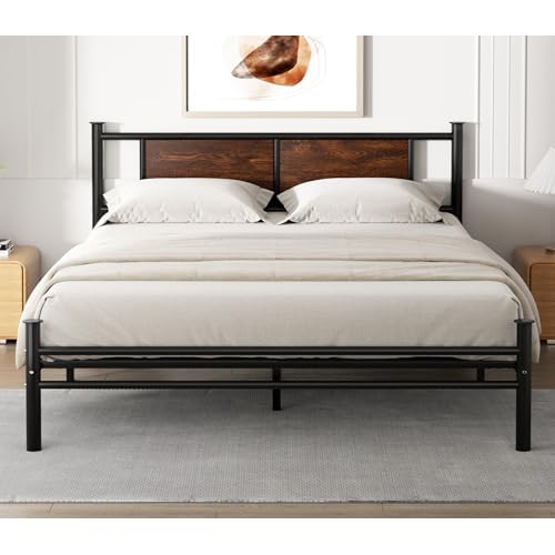 Queen Size Bed Frame with Rustic Wood Headboard, Metal Heavy Duty Platform Frame, Sturdy Steel Slat Support, No Box Spring Needed, Black