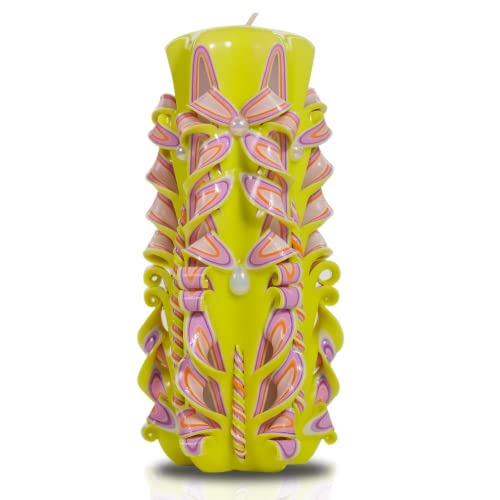 Candele artigianali intagliate a mano, altezza 22 cm, stile giallo unico, ecologiche, senza fumo, realizzate in paraffina naturale, design decorativo di ispirazione italiana, 20 ore di combustione