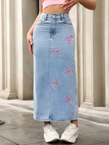 Womens Y2k Bow Embroidered Denim Skirts High Waisted Back Slit Maxi Skirts Casual Bodycon Jean Skirt with Pockets2
