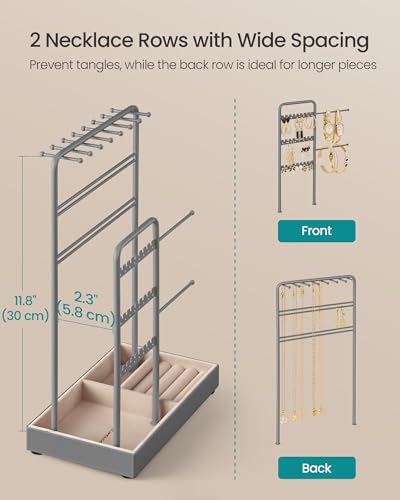 Image of SONGMICS Necklace Holder, Jewelry Stand Holder Organizer, Jewelry Display with Metal Frame, Velvet Tray, Earring Bracelet Holder, for Gift Idea, 4.5 x 7.7 x 12.1 inch, Dove Gray UJJS021G01