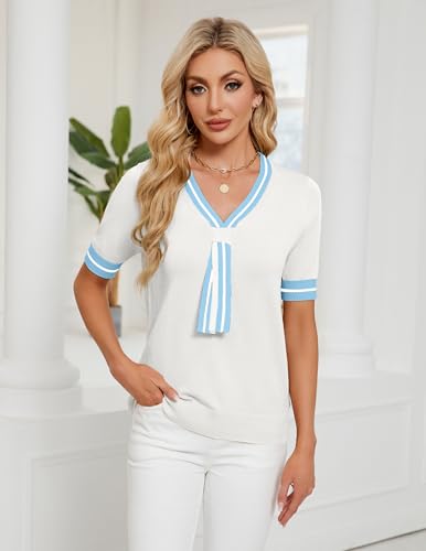 Image of Libsorge Womens Lightweight Cute Bow Tie Sweater Spring 2026 Business Casual Outfits V Neck Short Sleeve Tops