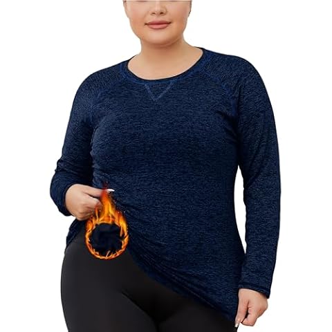 FOREYOND Women's Plus Size Thermal Fleece Tops Long Sleeve Running Athletic Shirt Workout Tops Thermal Underwear Dark Blue 3XL Cover