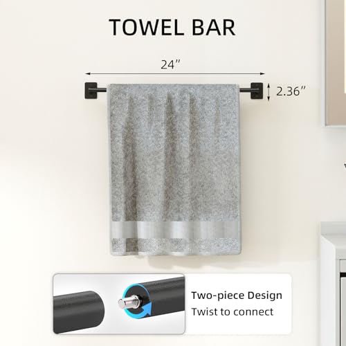 Matte Black Bathroom Accessories Set 4-Pieces, Towel Racks for Bathroom 24Inch Towel Bar, Towel Ring, Towel Hooks, Toilet Paper Holder with Shelf, Stainless Steel Wall Mounted Bathroom Hardware Set - Image 2