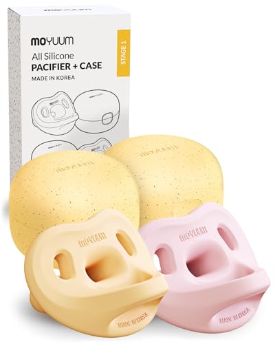 Image of Moyuum Silicone Macaron Pacifier | Made in Korea, BPA Free One-Piece Design Baby Soother, Soft Orthodontic Shape with Air Holes, 2 Pack with Travel Case, Newborn 0-3 Months (Mango+Pink, Stage 1)
