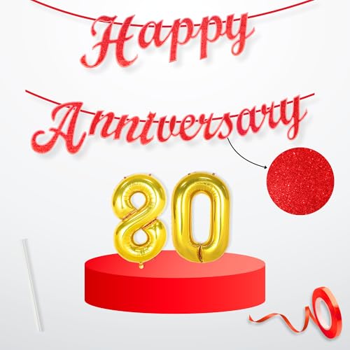 Image of Flyloons 80th Happy Anniversary Banner Red Decorations Kit for Men Women Wedding Anniversary Banner Items without Balloons