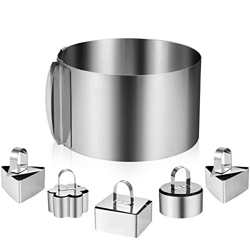 XMW 6 Pack Stainless Steel Cake Rings, Including 6 to 12 Inch Cake Mold Ring 1 Pcs And 3 Inch Cake Mousse Ring (1 Rings,1 Pushers) 5 Pcs for Baking, Cake Mousse Cooking Mold or Cake Cutting.