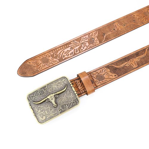 Leather Floral Embossed Belt Cowboy Cowgirl Waist Strap Engraved Western Longhorn Texas Bull Rectangular Buckle(110cm/43, Brown)4