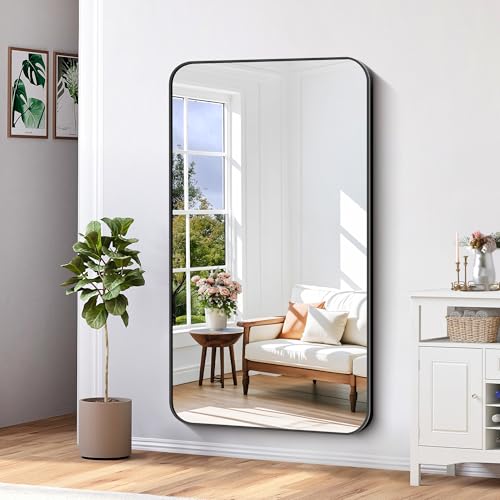 Image of Bathroom Mirror, 30 inchx55 inch Black Rectangle Wall Mirror, Metal Frame Rounded Corner Vanity Mirror, Large Wall Mounted Mirror for Modern Bedroom Living Room Horizontal Or Vertical Mounting