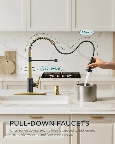 Image of FORIOUS Kitchen Faucet with Pull Down Sprayer, Stainless Steel Commercial Single Handle Classic Spring Pull Out Sink Faucet for Pot Filler, Farmhouse Camper Bar Laundry Room, Black Gold
