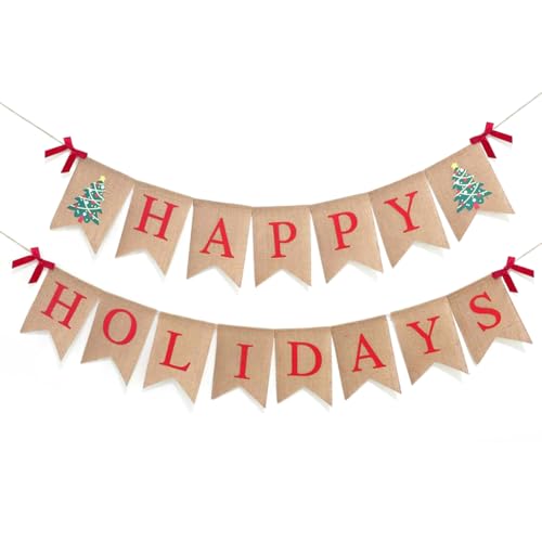 Happy Holiday Banner Burlap, Holiday Decorations Signs Banner for Office Home Classroom Fireplace Mantel Indoor Outdoor Decor by Holiwoer - Used condition - US$6.26