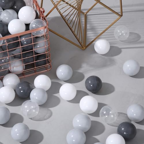 PlayMaty 100er Pack Bunte Bälle ohne Phthalate und BPA, Stressbälle aus crushsicherem Kunststoff für Kinder Spielhäuser, Pool-Bälle für Ballgruben, 2,16 Zoll (Grau-Weiß)