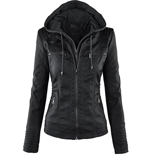 ZXCL 2021 Giacca da Moto Donne Colore Solido Manica Lunga Cappotto con Cerniera Inverno Slim PU Giacca in Pelle Giacca Morbida Giacca da Donna-Black,XXL