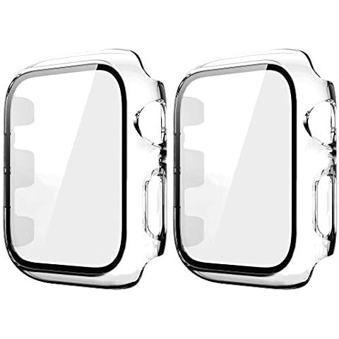 HANKN 2 Pack Clear Tempered Glass 38mm Case Compatible with Apple Watch Series 3 2 1 Tempered Glass Screen Protector, Hard PC Full Coverage Shockproof Iwatch Cover Bumper (38mm, Clear+Clear) Cover