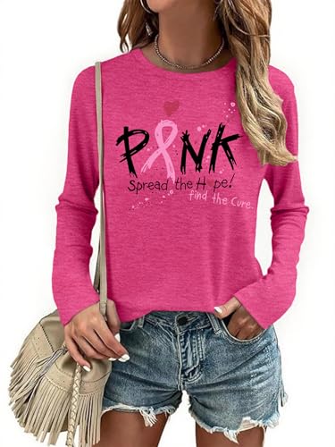 Breast Cancer Shirts for Women Breast Cancer Awareness T-Shirt Pink Ribbon Long Sleeve Tee Tops(Pink5,X-Large)