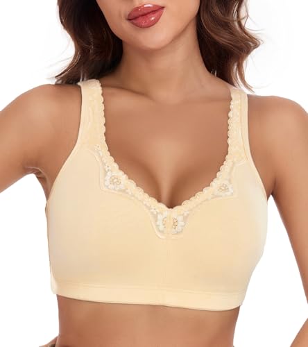 Lemorosy Comfort Plus Size Women's Lace Cotton Bras Full Coverage Non-Foam Wireless Underwear(Beige,46E)