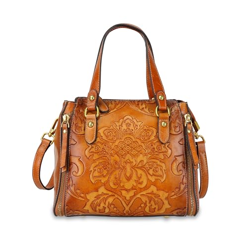 Crossbody Bag for Women Leather Top Handle Tote Purses Vintage Satchels Handbag (Flower Pattern- Brown)
