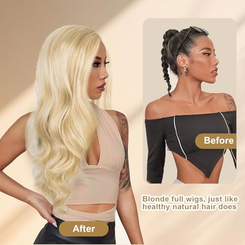 Lange Lockige Perücken Blond für Frauen, 28"/70cm Blond Lange Haare Täglich Mode Perücke, Damen Lange Gewellt Perücke Cosplay Kostüm Charmante Perücke für Tägliche Karneval Fasching (Blond) – Bild 4