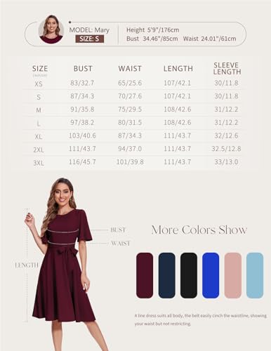 Bbonlinedress Abendkleider elegant für Hochzeit Weihnachten Kleid Damen Winter elegant Kurzarm festliches Kleid midilang Party Cocktailkleid Burgundy XL