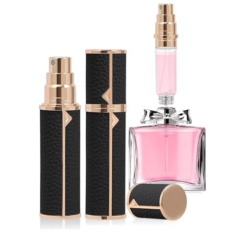 Refillable Travel Perfume Bottle – Fine Mist Atomizer, Bottom Fill, Genuine Leather Shell, TSA Approved, For Daily Refresh & Travel (Black, 10ml)