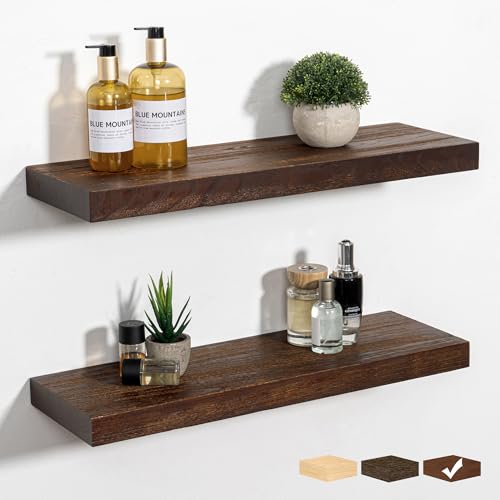 RICHFOCUS Rustic Wooden Floating Shelves for Wall - 24 Inch Wood Shelves Set of 2-7.9 Inch Deep...
